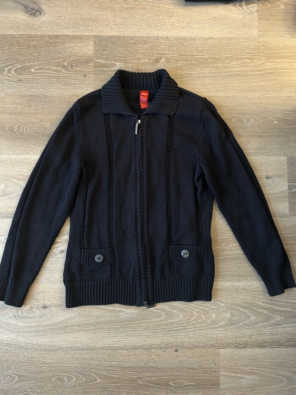 Black Knit Zip-Up Cardigan with Buttoned Pockets